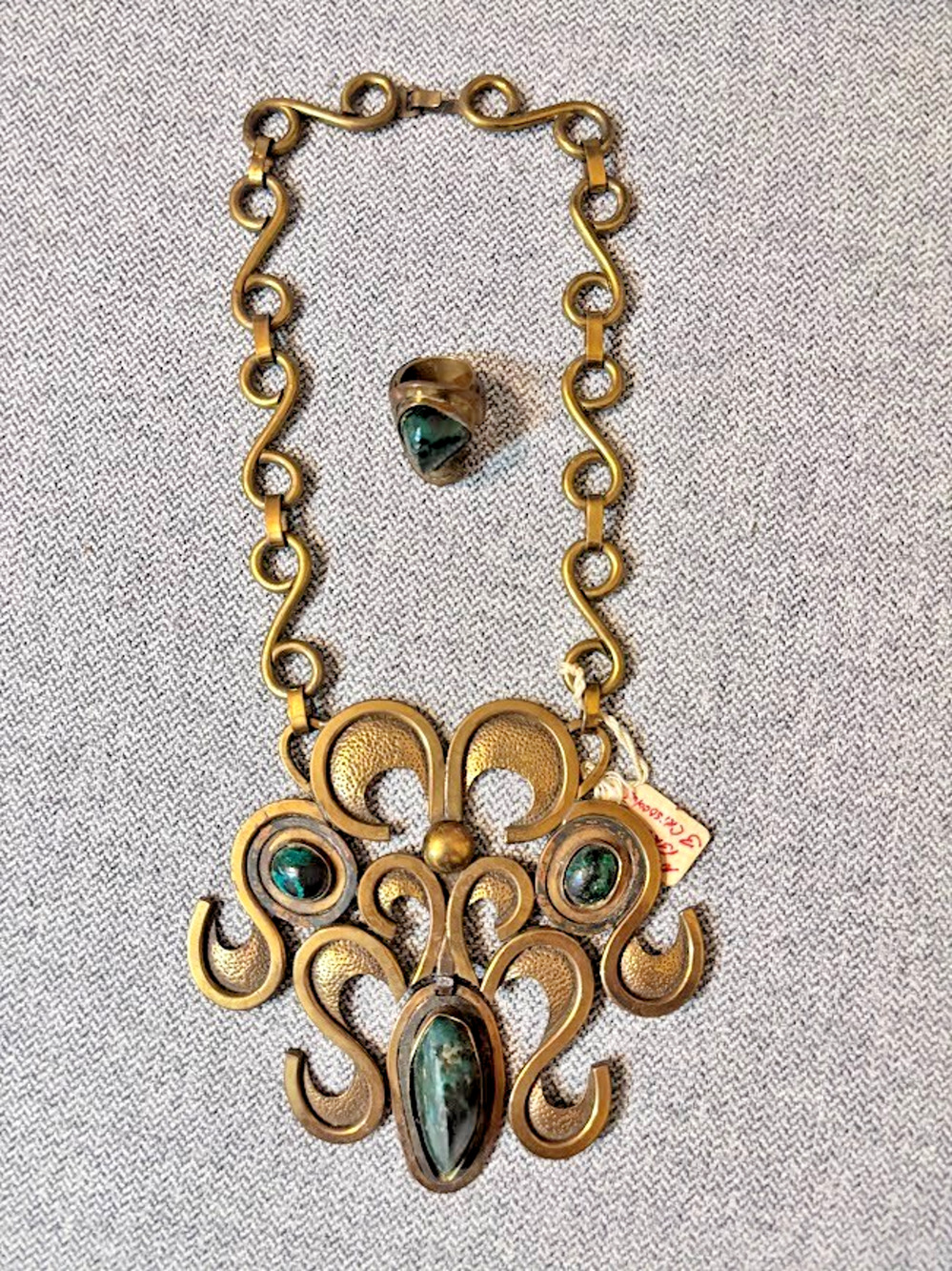 Vtg GELCIC CHILE Patricio Court Brutalist Bronze Chrysocolla Necklace Ring NOS